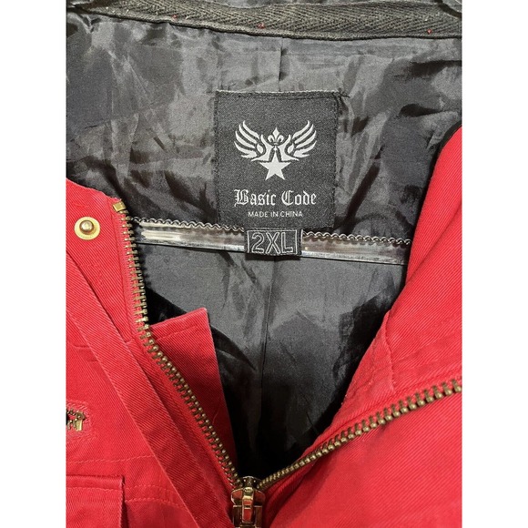 Basic Code Mens Jacket Red Size 2XL Full Zip Patches Hoodie 100% Cotton - Picture 2 of 14